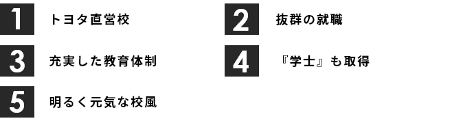 1.トヨタ直営校 2.抜群の就職 3.充実した教育体制 4.「学士」も取得 5.明るく元気な校風